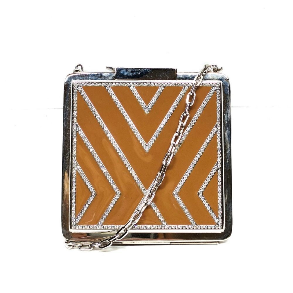 Auth Valentino Garavani Tan Enamel Rhinestone Geometric Clutch Minaudière Chain